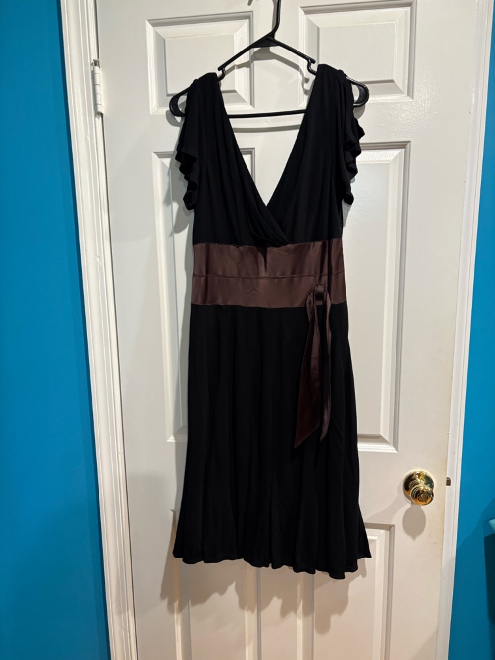 Kay Unger midi cocktail dress flutter sleeves black brown sz 14 wedding guest